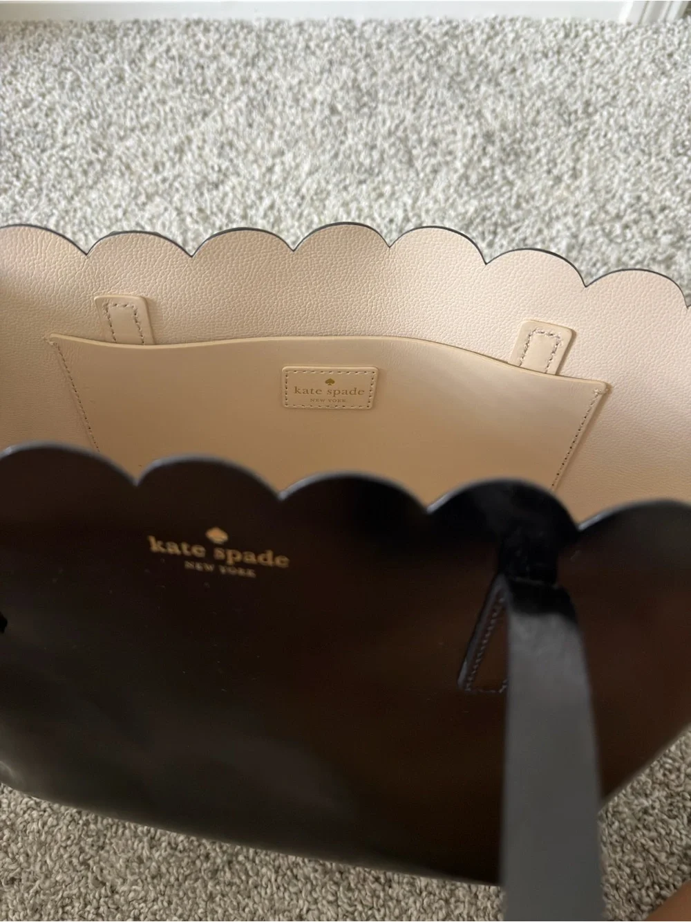 kate spade Black Scalloped-Edge Leather Tote with Gold Logo